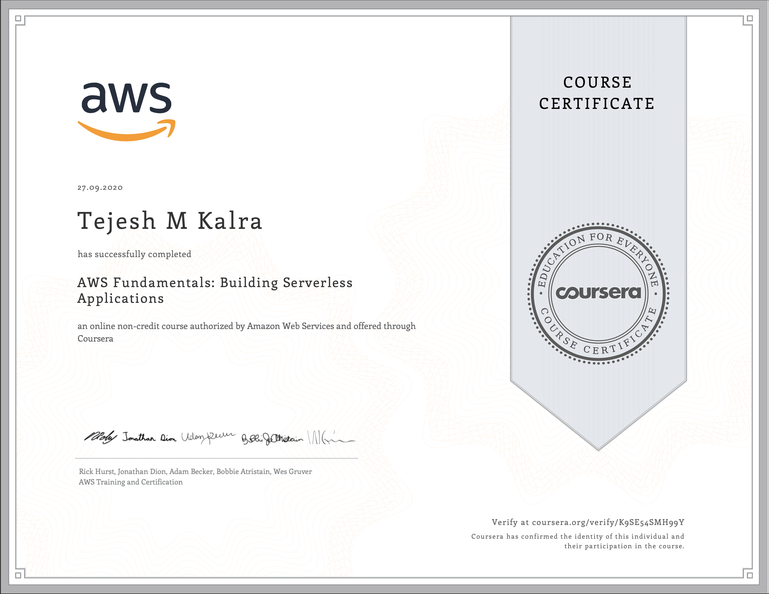 Coursera AWS Building Serverless Applications Certificate